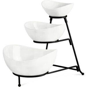 3 Tier Serving Stand with 3 Oval Porcelain Serving Bowl Set with Collapsible